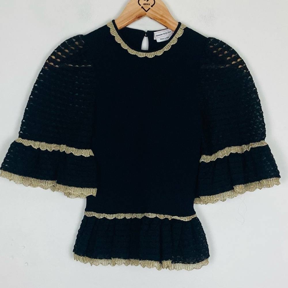 Alexander McQueen stretch black top w/open knit puff sleeves & gold lace trim. S - Picture 2 of 7